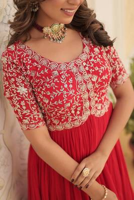 Red Colour Faux Georgette Trending Heavy Work Fully Stitched gown  4