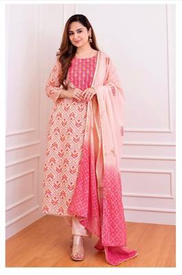 Pink Embroidery Print Dual Color Dupatta Salwar Kameez Straight Suit 1