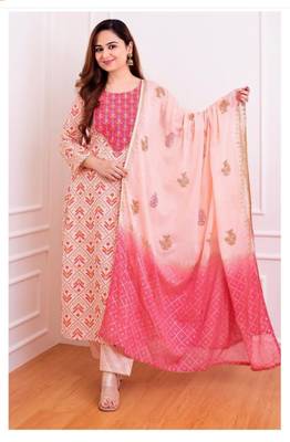 Pink Embroidery Print Dual Color Dupatta Salwar Kameez Straight Suit 2
