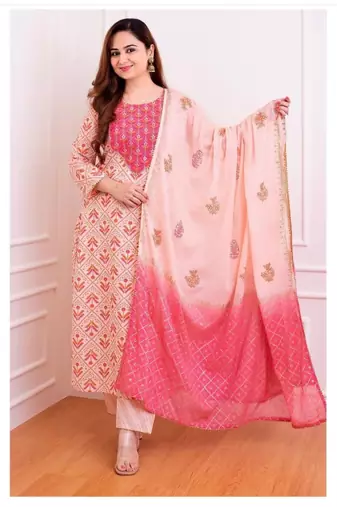 Pink Embroidery Print Dual Color Dupatta Salwar Kameez Straight Suit