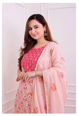 Pink Embroidery Print Dual Color Dupatta Salwar Kameez Straight Suit 3