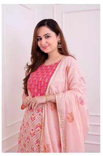 Pink Embroidery Print Dual Color Dupatta Salwar Kameez Straight Suit