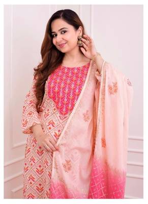 Pink Embroidery Print Dual Color Dupatta Salwar Kameez Straight Suit 4