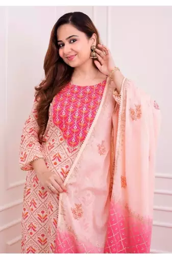 Pink Embroidery Print Dual Color Dupatta Salwar Kameez Straight Suit