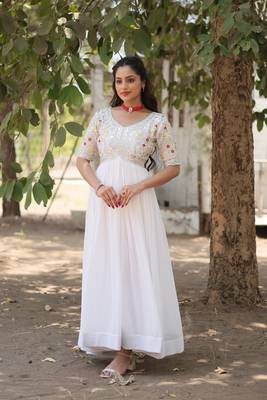 White Colour Festiwal Wear Faux Georgette Heavy Worl Fully Stitched Gown  4
