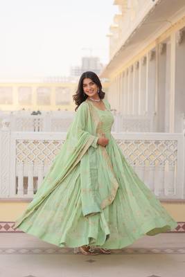 Pista Colour Faux Georgette Heavy Embroidery Work Wedding Wear Fully Stitched Gown With Dupatta 1
