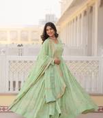 Pista Colour Faux Georgette Heavy Embroidery Work Wedding Wear Fully Stitched Gown With Dupatta