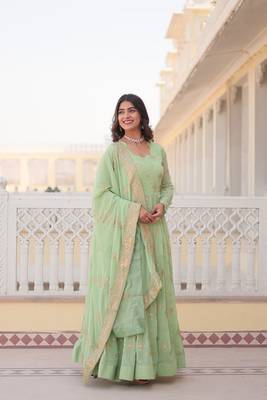 Pista Colour Faux Georgette Heavy Embroidery Work Wedding Wear Fully Stitched Gown With Dupatta 2