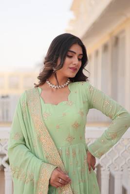 Pista Colour Faux Georgette Heavy Embroidery Work Wedding Wear Fully Stitched Gown With Dupatta 3