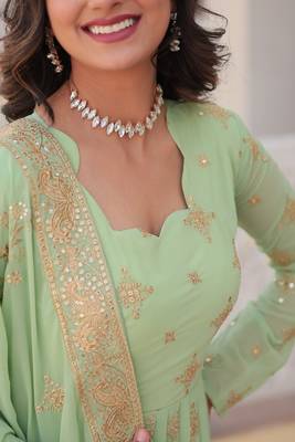 Pista Colour Faux Georgette Heavy Embroidery Work Wedding Wear Fully Stitched Gown With Dupatta 4