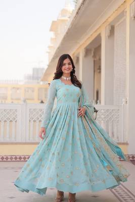 Sky Colour Faux Georgette Heavy Embroidery Work Wedding Wear Fully Stitched Gown With Dupatta 1