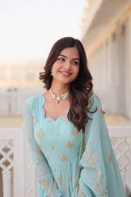 Sky Colour Faux Georgette Heavy Embroidery Work Wedding Wear Fully Stitched Gown With Dupatta 3