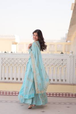 Sky Colour Faux Georgette Heavy Embroidery Work Wedding Wear Fully Stitched Gown With Dupatta 4