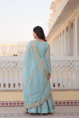Sky Colour Faux Georgette Heavy Embroidery Work Wedding Wear Fully Stitched Gown With Dupatta 5