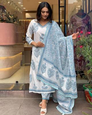 White Grey Cotton Hand Block Sanganeri Printed Straight Salwar Kameez Suit with Afghani Pant 1