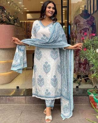 White Grey Cotton Hand Block Sanganeri Printed Straight Salwar Kameez Suit with Afghani Pant 2