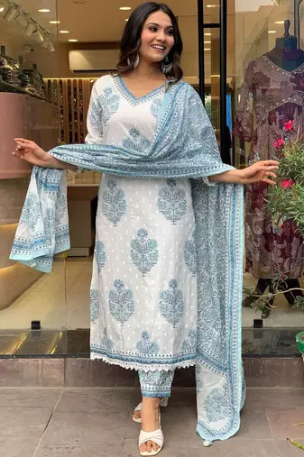 White Grey Cotton Hand Block Sanganeri Printed Straight Salwar Kameez Suit with Afghani Pant