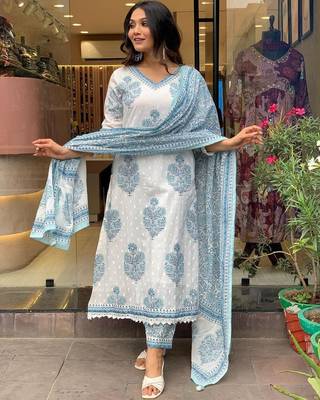 White Grey Cotton Hand Block Sanganeri Printed Straight Salwar Kameez Suit with Afghani Pant 3