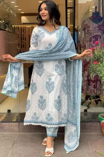 White Grey Cotton Hand Block Sanganeri Printed Straight Salwar Kameez Suit with Afghani Pant