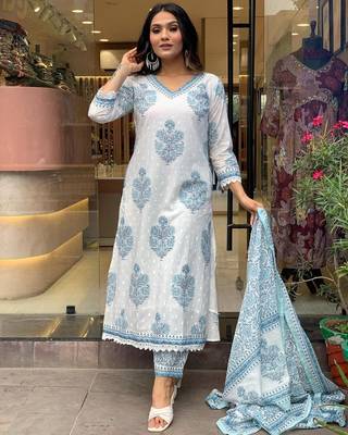 White Grey Cotton Hand Block Sanganeri Printed Straight Salwar Kameez Suit with Afghani Pant 4