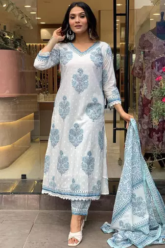 White Grey Cotton Hand Block Sanganeri Printed Straight Salwar Kameez Suit with Afghani Pant