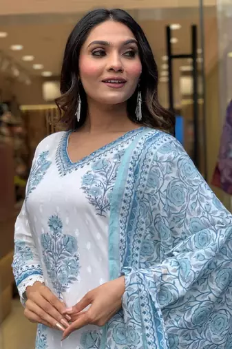 White Grey Cotton Hand Block Sanganeri Printed Straight Salwar Kameez Suit with Afghani Pant