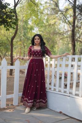 Brown Colour Designer Faux Georgette Trending Fully Stitched Long Gown  1