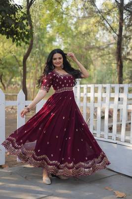 Brown Colour Designer Faux Georgette Trending Fully Stitched Long Gown  5