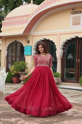 Red Colour Beautiful Faux Georgette Heavy Work Fully Stitched Long Gown  1