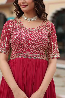 Red Colour Beautiful Faux Georgette Heavy Work Fully Stitched Long Gown  5
