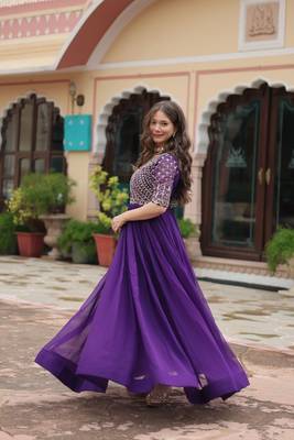 Purple Colour Beautiful Faux Georgette Heavy Work Fully Stitched Long Gown  2