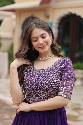 Purple Colour Beautiful Faux Georgette Heavy Work Fully Stitched Long Gown  5