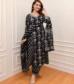 Black Traditional Pakistani Floral Printed Straight Salwar Kameez Kurti Afghani Pant Floral Dupatta Set