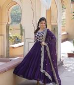 Purple Colour Beautiful Faux Georgette With Jacquard Wedding Wear Fully Stitched Gonw 