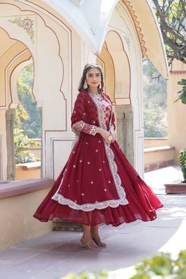 Maroon Colour Beautiful Faux Georgette With Jacquard Wedding Wear Fully Stitched Gonw  1