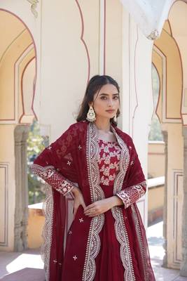 Maroon Colour Beautiful Faux Georgette With Jacquard Wedding Wear Fully Stitched Gonw  2