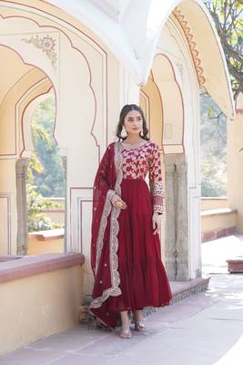 Maroon Colour Beautiful Faux Georgette With Jacquard Wedding Wear Fully Stitched Gonw  3