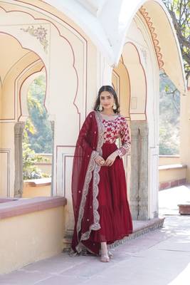 Maroon Colour Beautiful Faux Georgette With Jacquard Wedding Wear Fully Stitched Gonw  4
