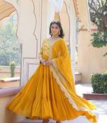 Yellow Colour Beautiful Faux Georgette With Jacquard Wedding Wear Fully Stitched Gown