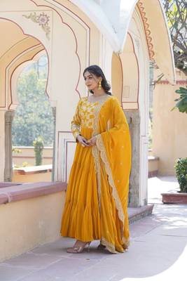 Yellow Colour Beautiful Faux Georgette With Jacquard Wedding Wear Fully Stitched Gown 3