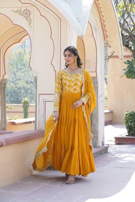 Yellow Colour Beautiful Faux Georgette With Jacquard Wedding Wear Fully Stitched Gown 5