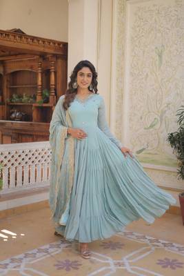 Sky Blue Colour Faux Georgette Heavy Work Wedding Wear Fully Stitched Gown  1