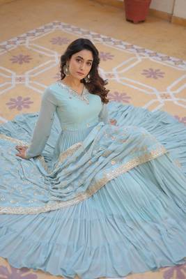 Sky Blue Colour Faux Georgette Heavy Work Wedding Wear Fully Stitched Gown  3