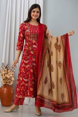 Cotton Floral Print Embroidered Sequence Work Anarkali Kurti Pant Dupatta Salwar Kameez Suit Set 1