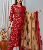 Cotton Floral Print Embroidered Sequence Work Anarkali Kurti Pant Dupatta Salwar Kameez Suit Set