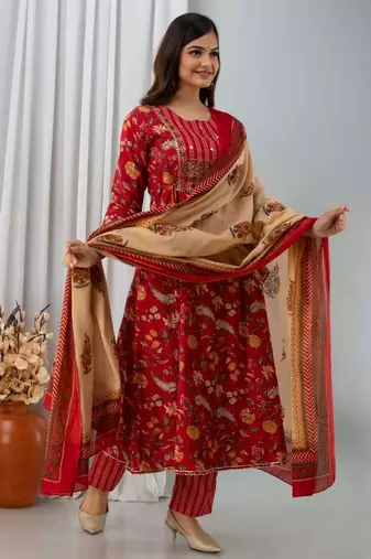 Cotton Floral Print Embroidered Sequence Work Anarkali Kurti Pant Dupatta Salwar Kameez Suit Set