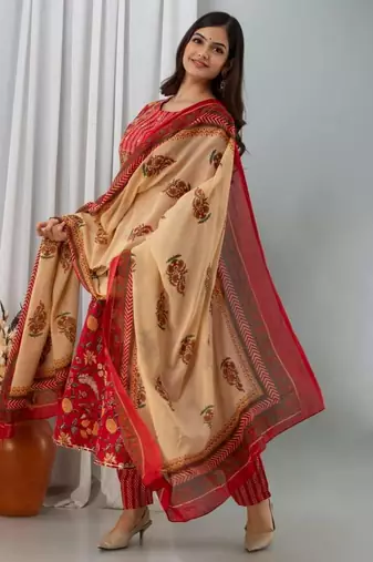 Cotton Floral Print Embroidered Sequence Work Anarkali Kurti Pant Dupatta Salwar Kameez Suit Set