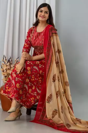 Cotton Floral Print Embroidered Sequence Work Anarkali Kurti Pant Dupatta Salwar Kameez Suit Set