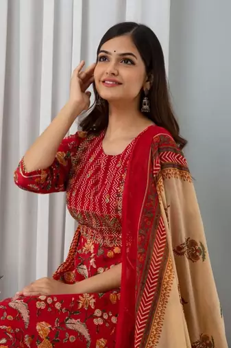 Cotton Floral Print Embroidered Sequence Work Anarkali Kurti Pant Dupatta Salwar Kameez Suit Set