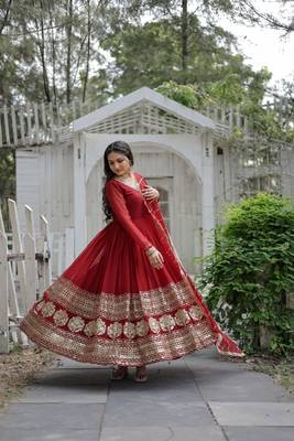 Red Colour Gorgeous Look geoegtte Fully Stitched long gown With Dupatta 1
